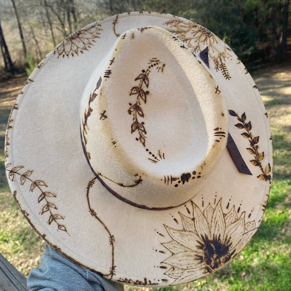 Custom wood burnt hats